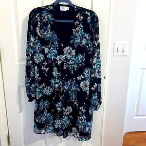 Black, flowered, long sleeved, v-neck dress